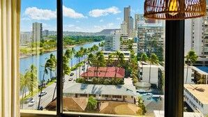 A view from a window overlooking a river, palm trees, and urban buildings.