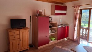 A compact kitchen with wooden cabinets, a red refrigerator, a stove, and a television on a wooden cabinet. - Vacation apartment Hirschgwai 50sqm with balcony (Oberaudorf)