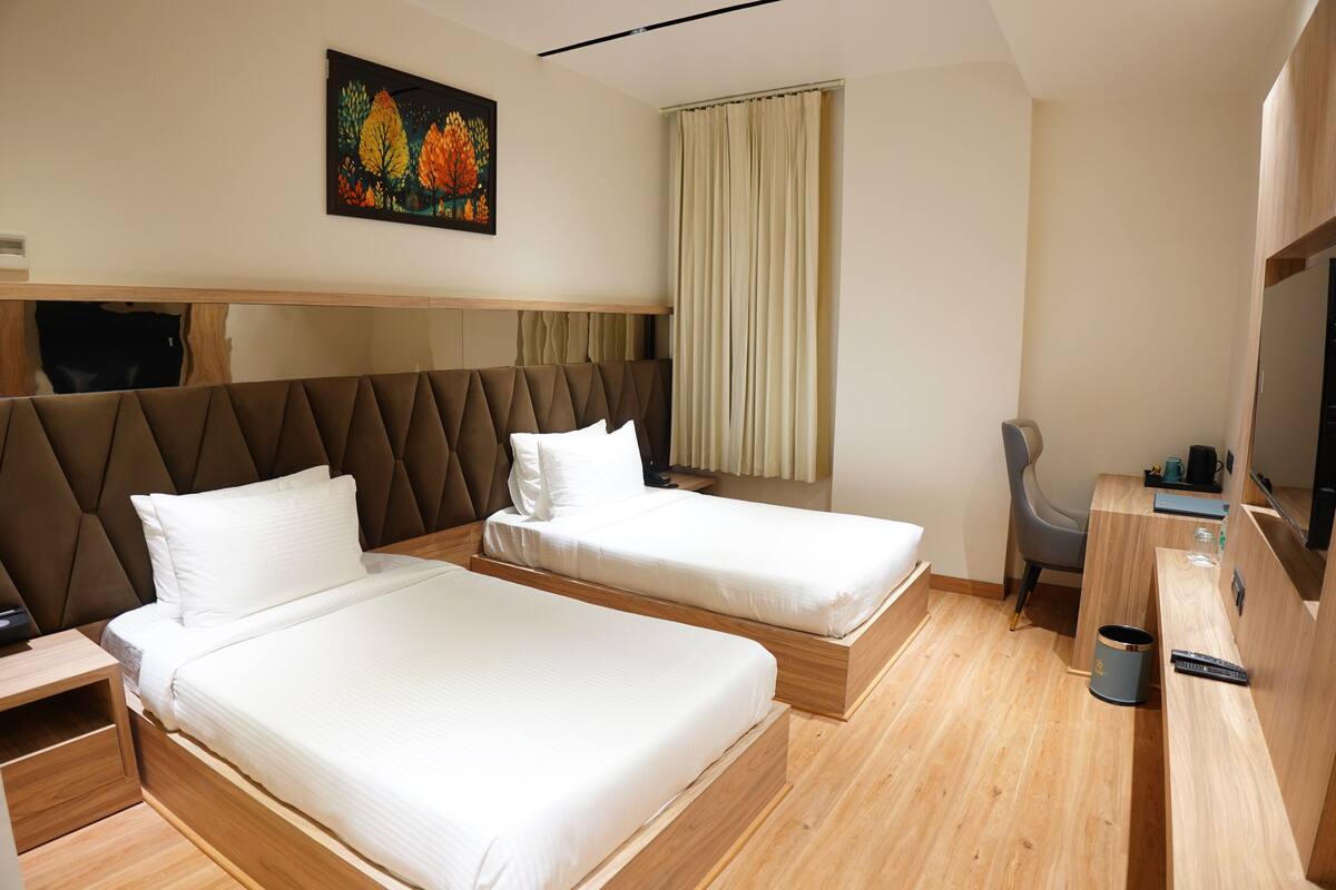 Premium bedding, minibar, desk, laptop workspace