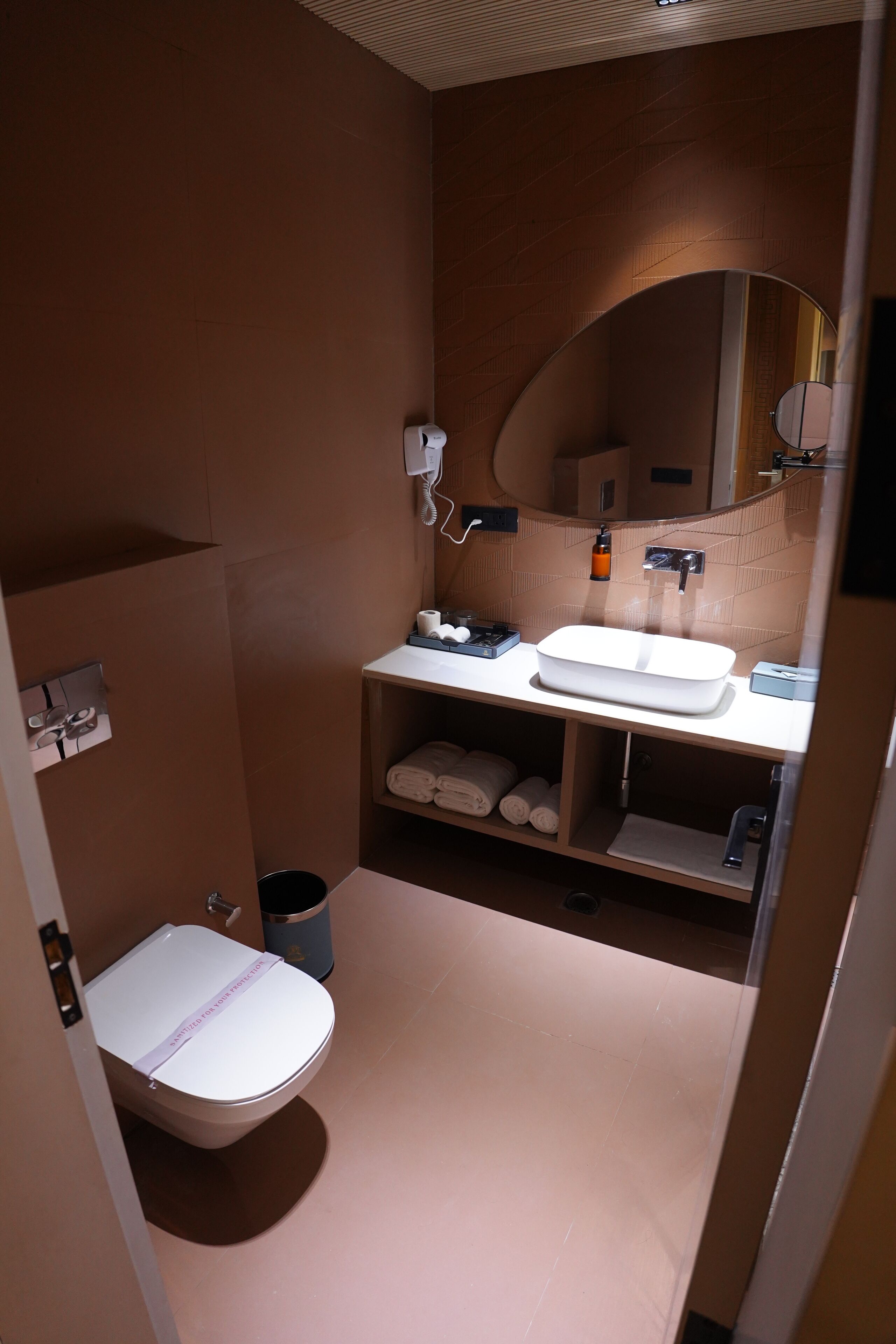 Shower, rainfall showerhead, hair dryer, slippers