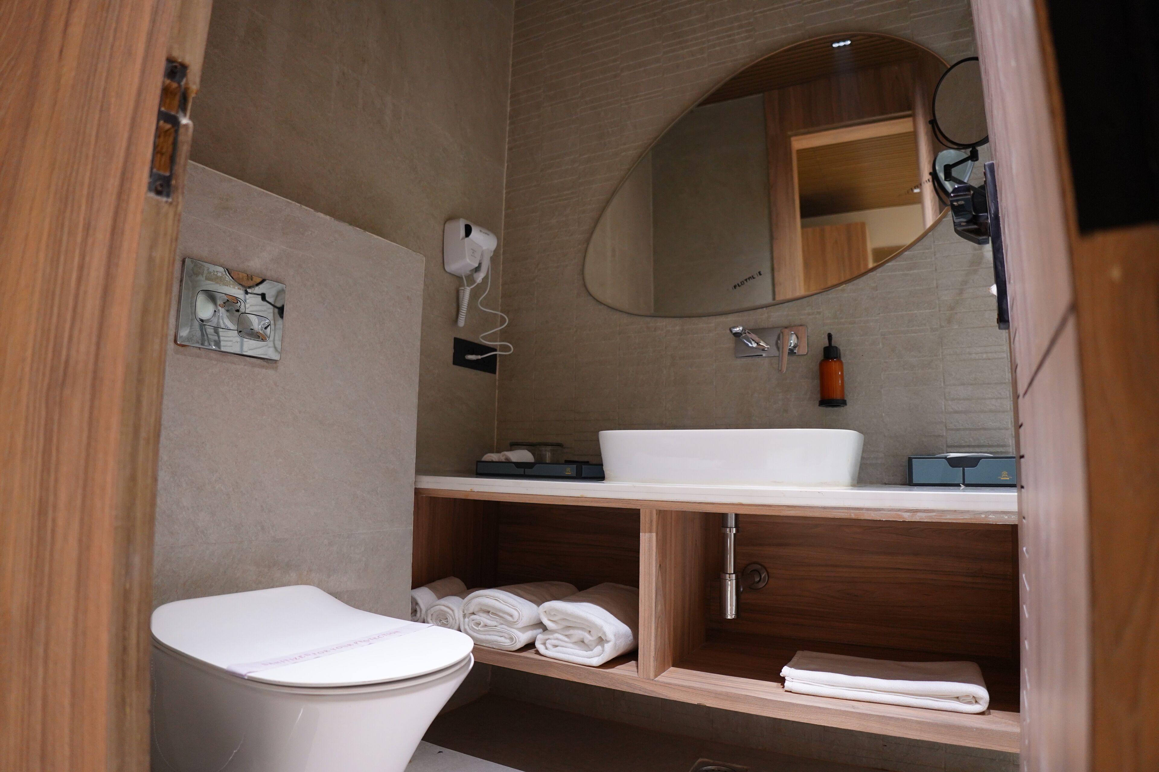 Shower, rainfall showerhead, hair dryer, slippers