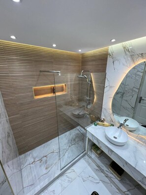 Shower, towels, soap, toilet paper