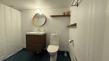 Een badkamer met een wit wastafel, toilet, spiegel en douchegordijn.