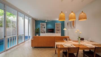 Luxury Villa, 3 Bedrooms, Kitchen | Living room | 55-inch flat-screen TV with cable channels, TV