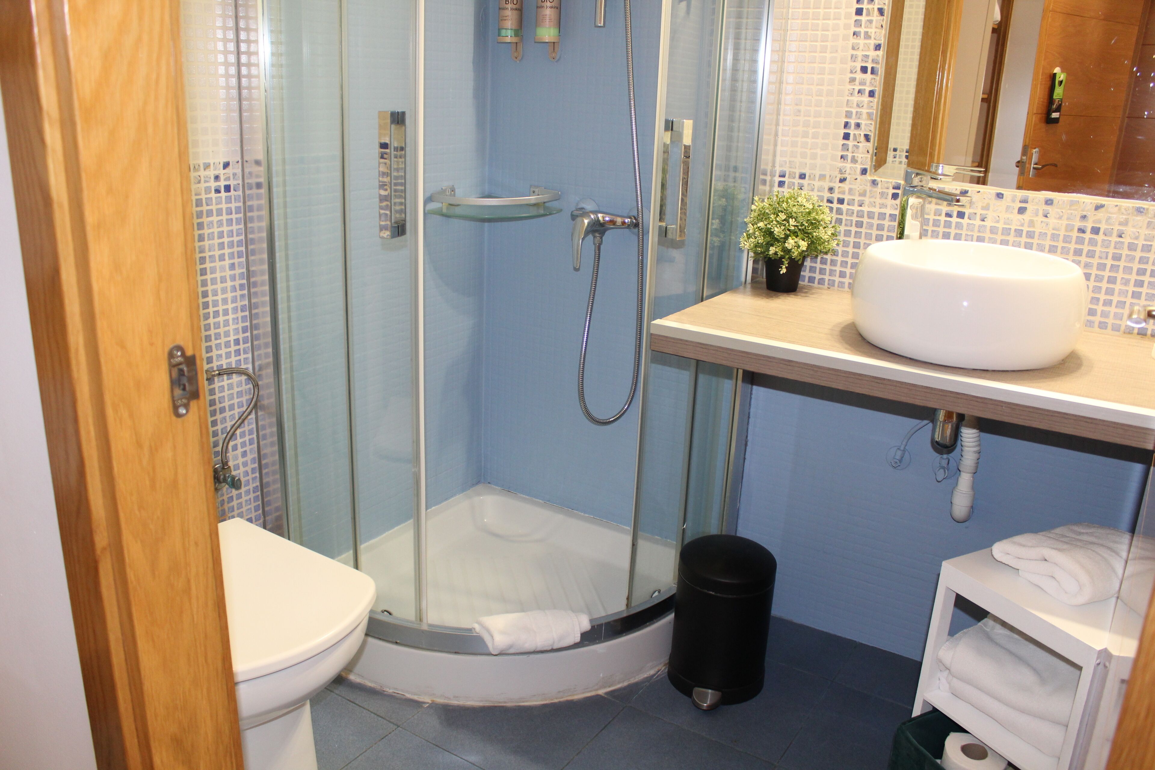 A modern bathroom with a glass-enclosed shower, a white sink, and a toilet.