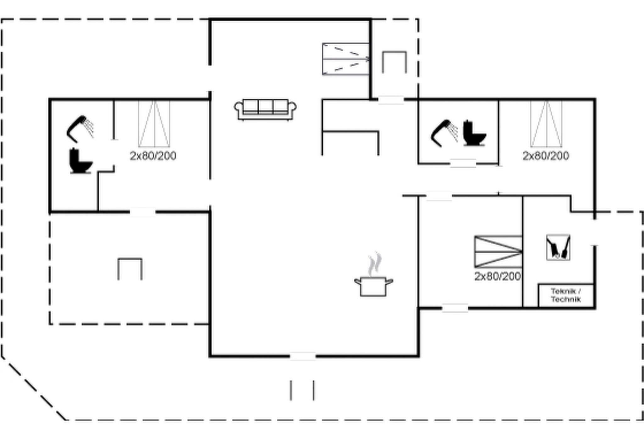Plano de planta que muestra una cocina, dos baños, una sala de estar y un comedor.