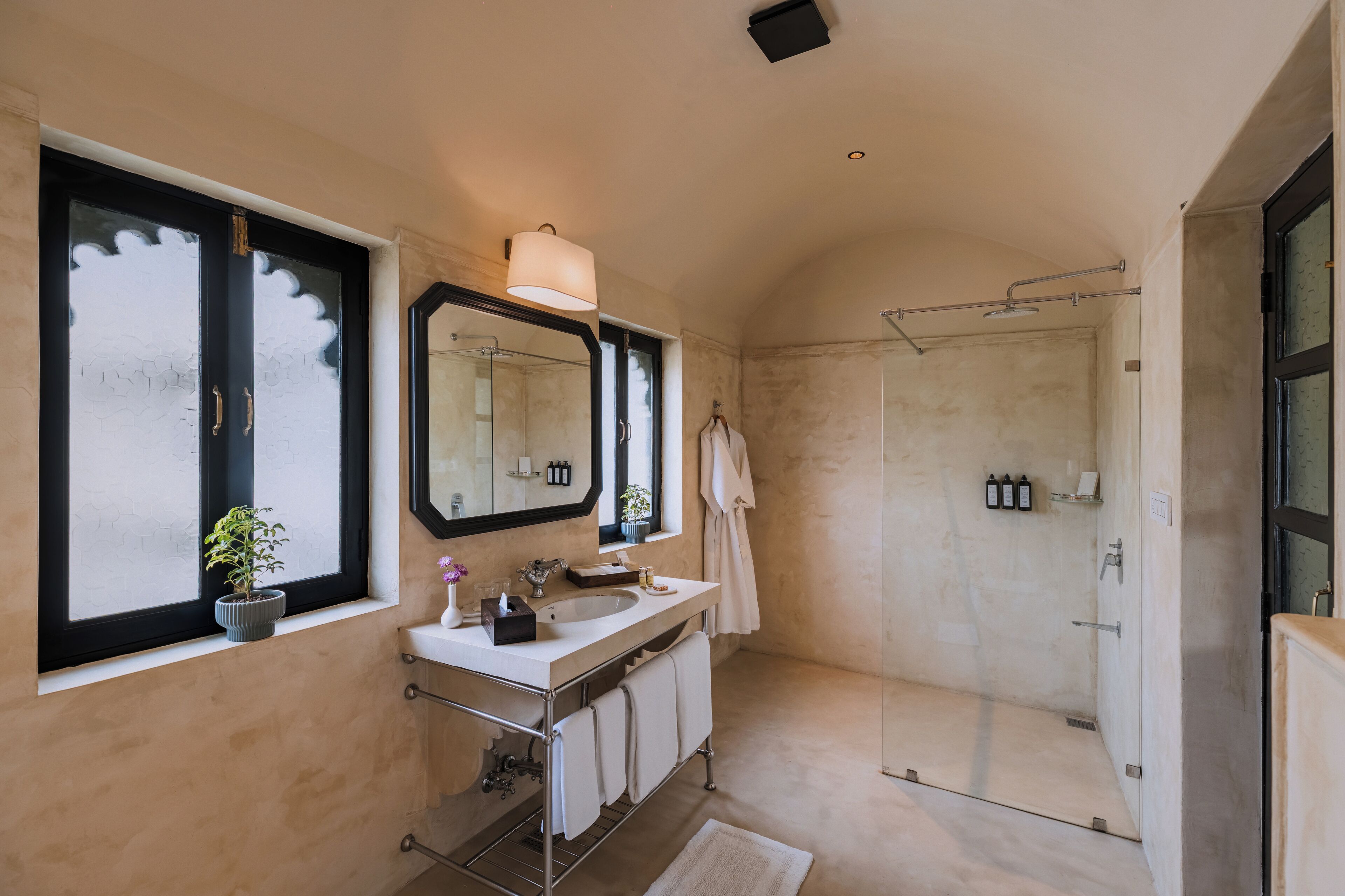 A modern bathroom with a large mirror, a sink, a shower, and a potted plant.