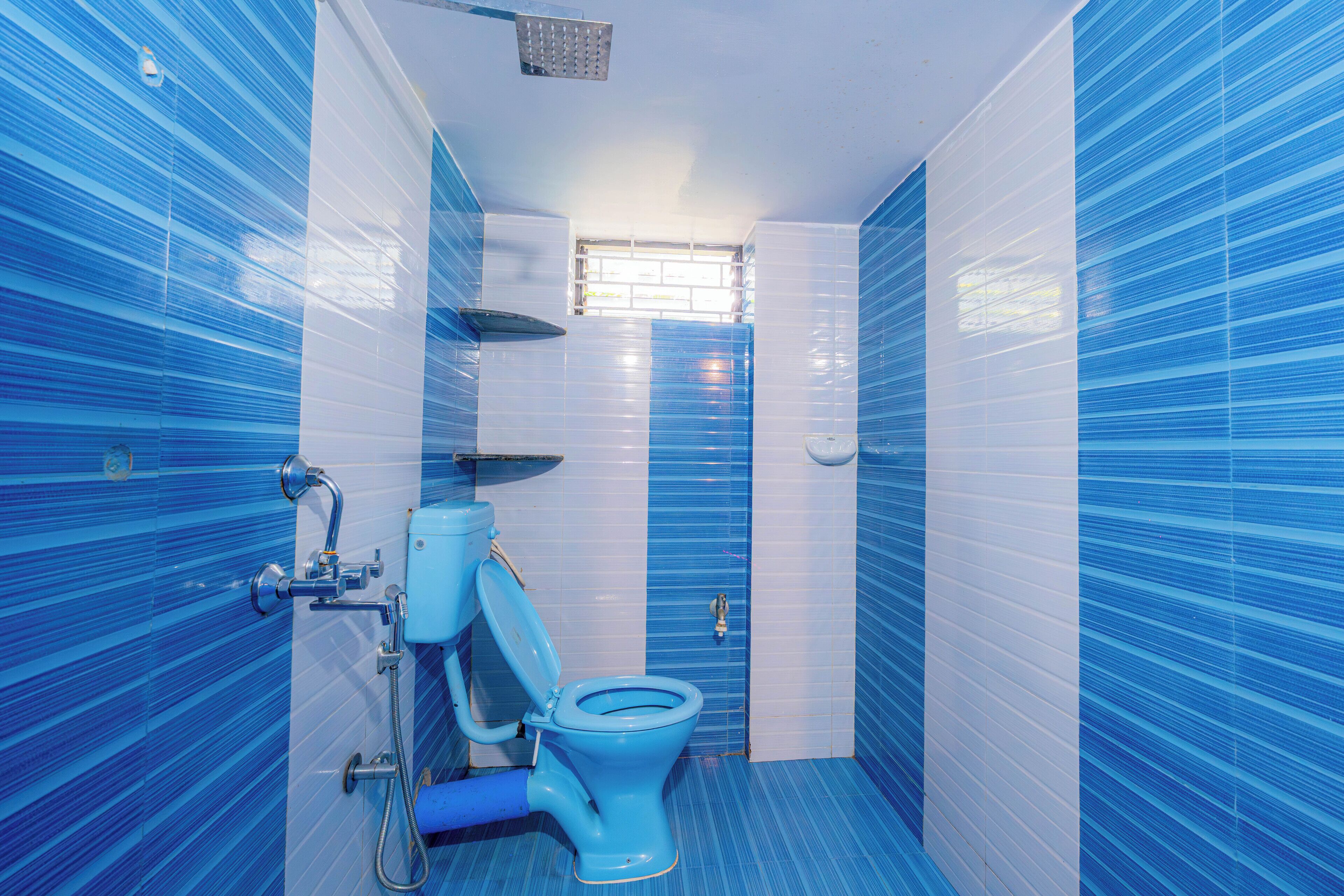 A bathroom with a blue-striped tile design, a toilet, a shower, and a window.
