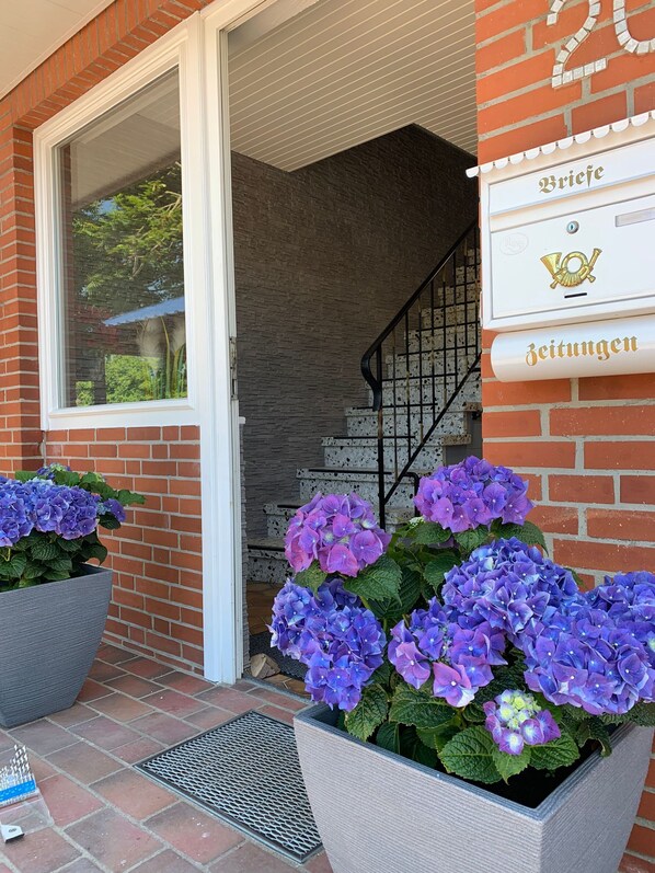 L’entrée d’un immeuble se distingue par sa façade en briques, une porte blanche et un escalier menant à l’intérieur. De grands jardinières ornées de fleurs violettes sont disposées sur le porche.