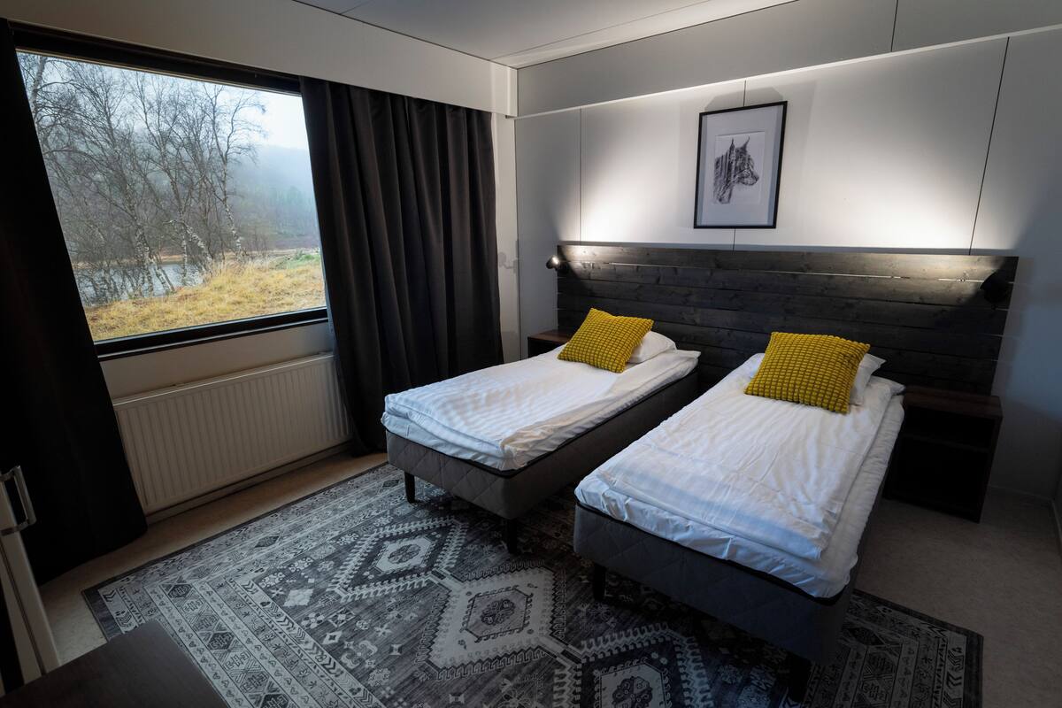 A modern hotel room with two beds, a large window with a view of trees, a patterned rug, and a framed picture on the wall.