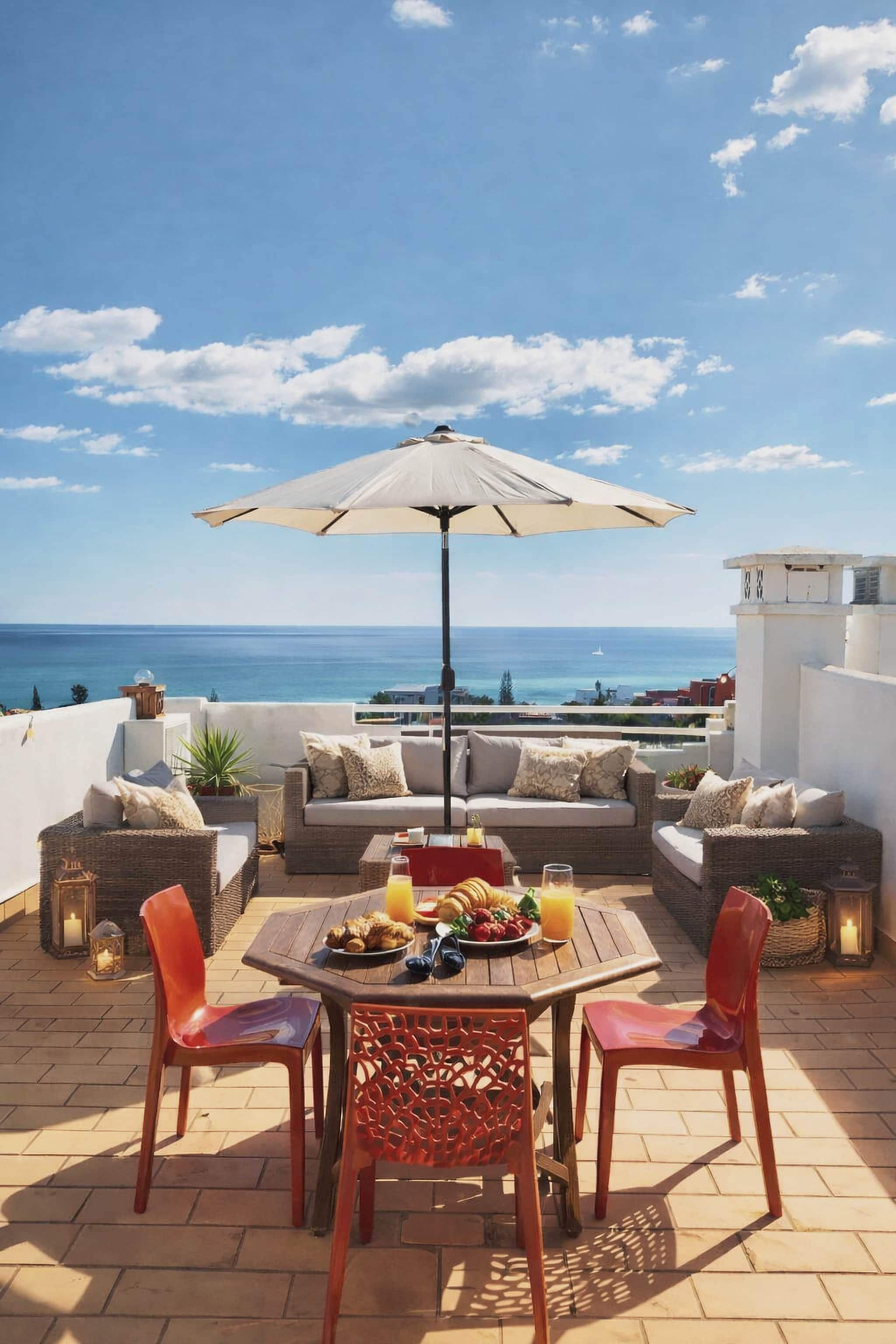 An outdoor patio with a table set for breakfast, a sofa, and an umbrella.