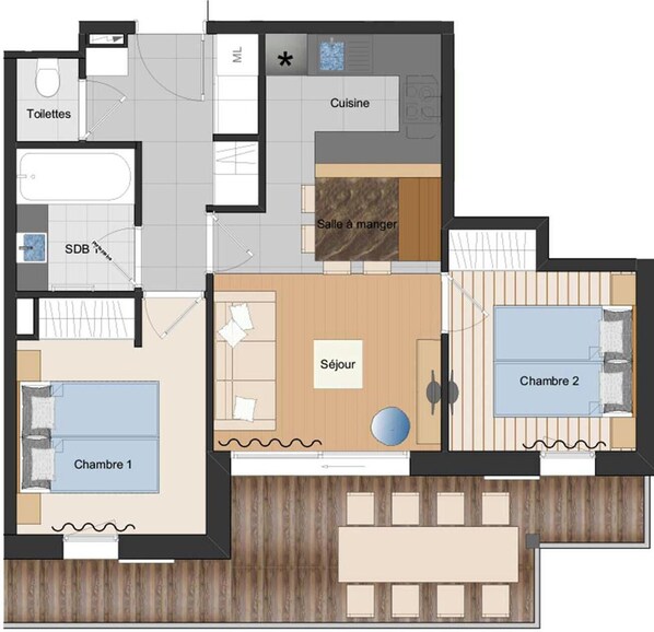 A hotel layout with two bedrooms, a bathroom, a kitchen, a dining area, and a living room. - 4-Star Apartment with Spa - Les Saisies - 6 pers. (Les Saisies)