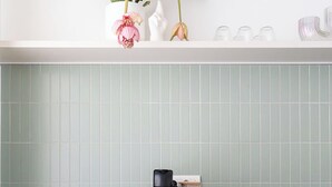 A kitchen with a green countertop, a coffee maker, and a plant on the wall.