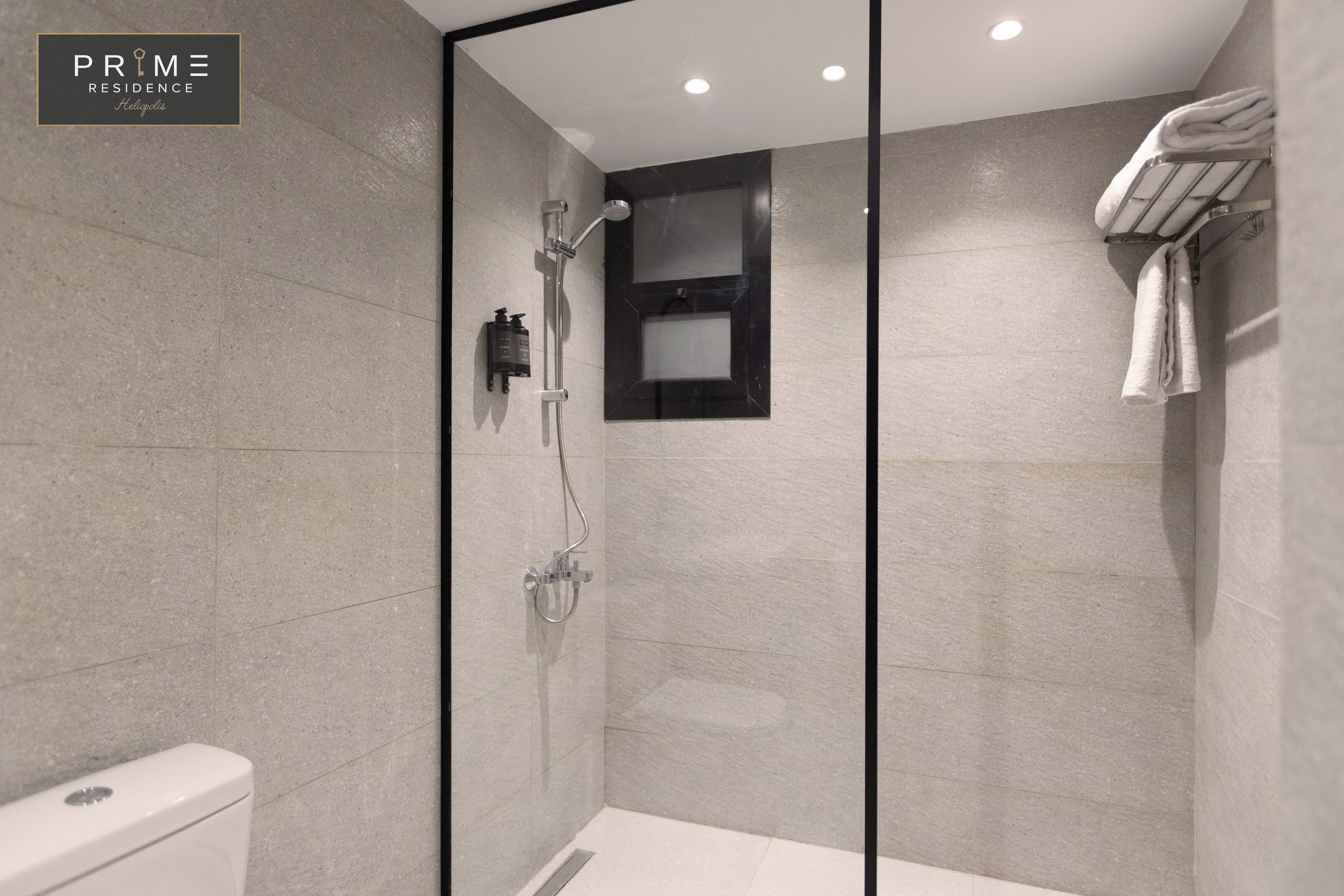 A modern shower area with a glass partition, a toilet, and a towel rack.
