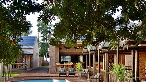 Ein Poolbereich mit Pflasterterrasse, Holzliegen und einer überdachten Sitzecke mit Steinwand im Hintergrund.