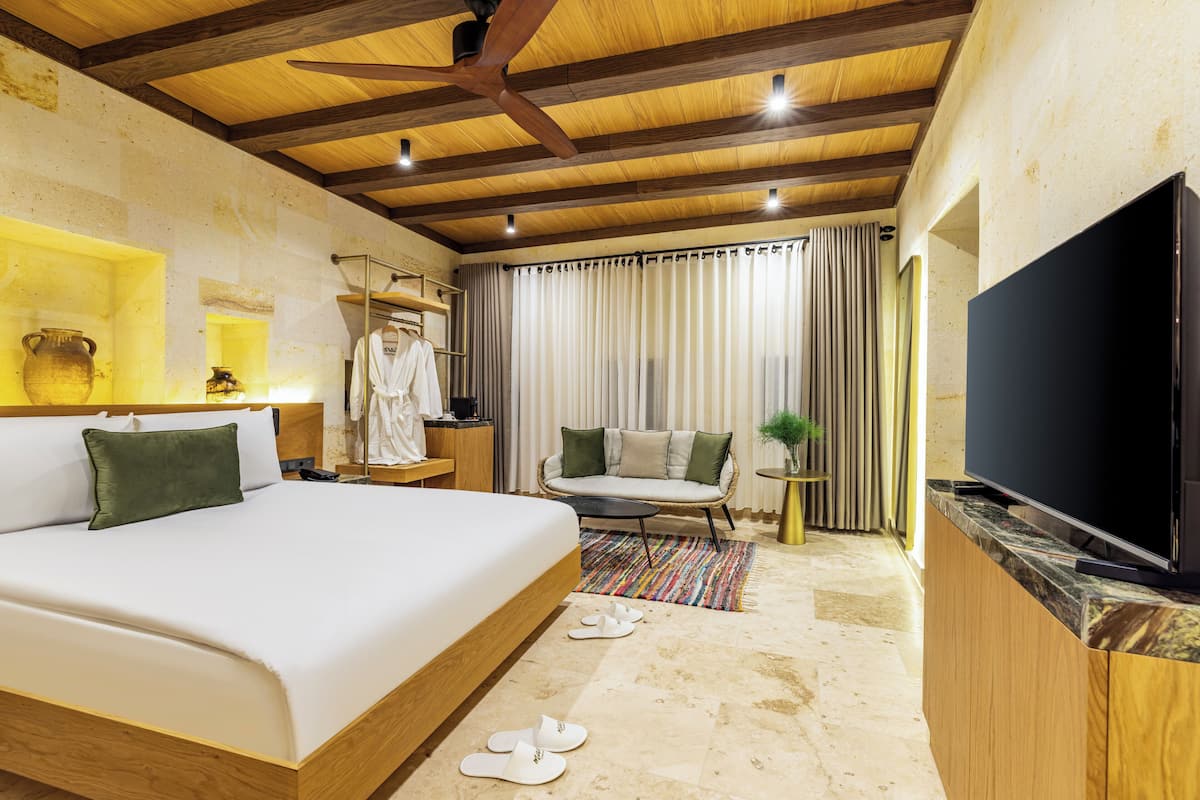 A hotel room with a large bed, a television, a wooden ceiling, and a bathroom with a shower and toilet.