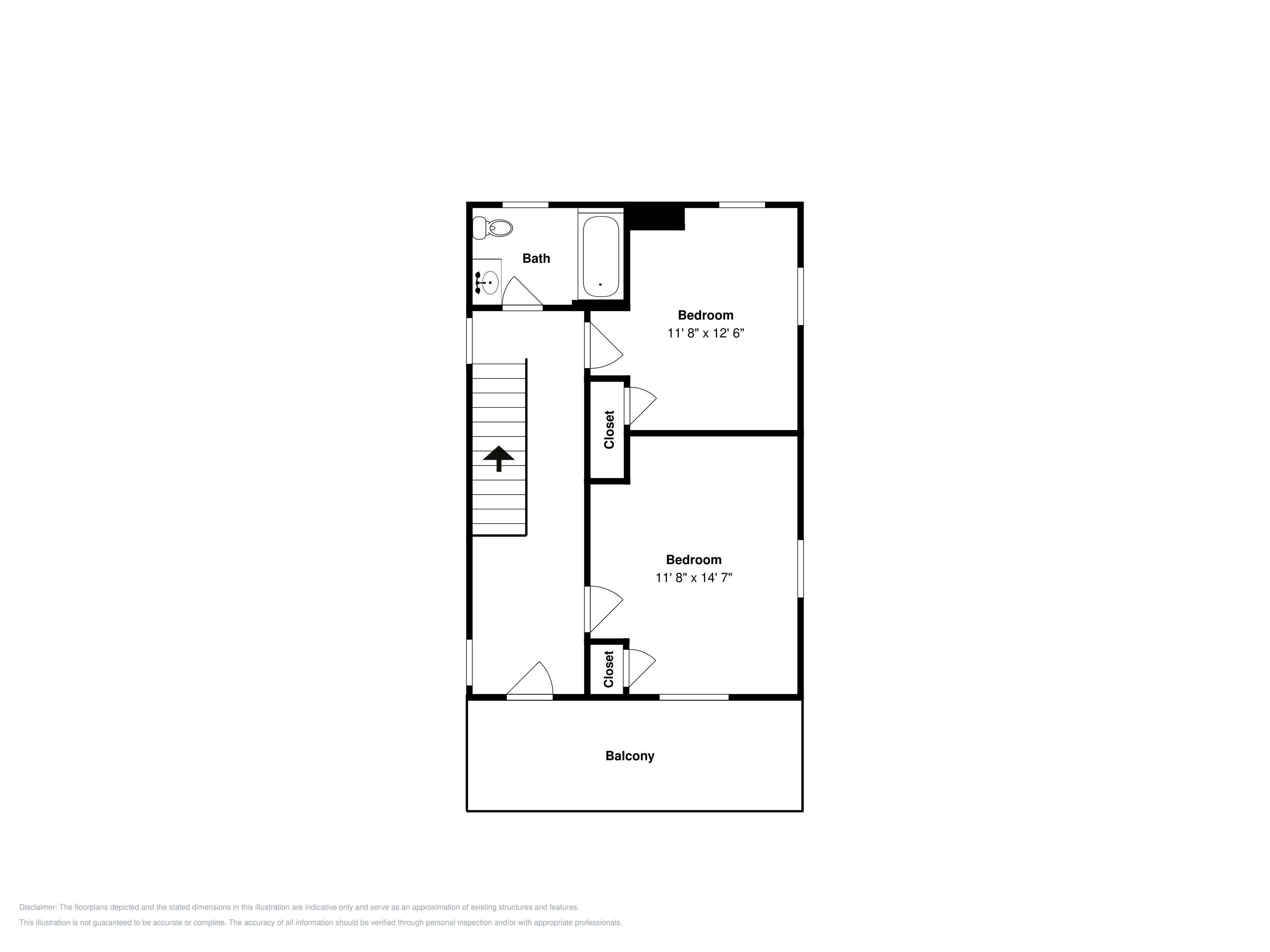 Ein Grundriss mit zwei Schlafzimmern, einem Badezimmer und einem Balkon.