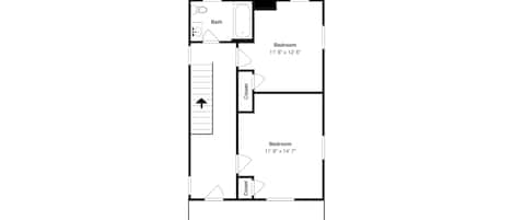 A floor plan with two bedrooms, a bathroom, and a balcony.