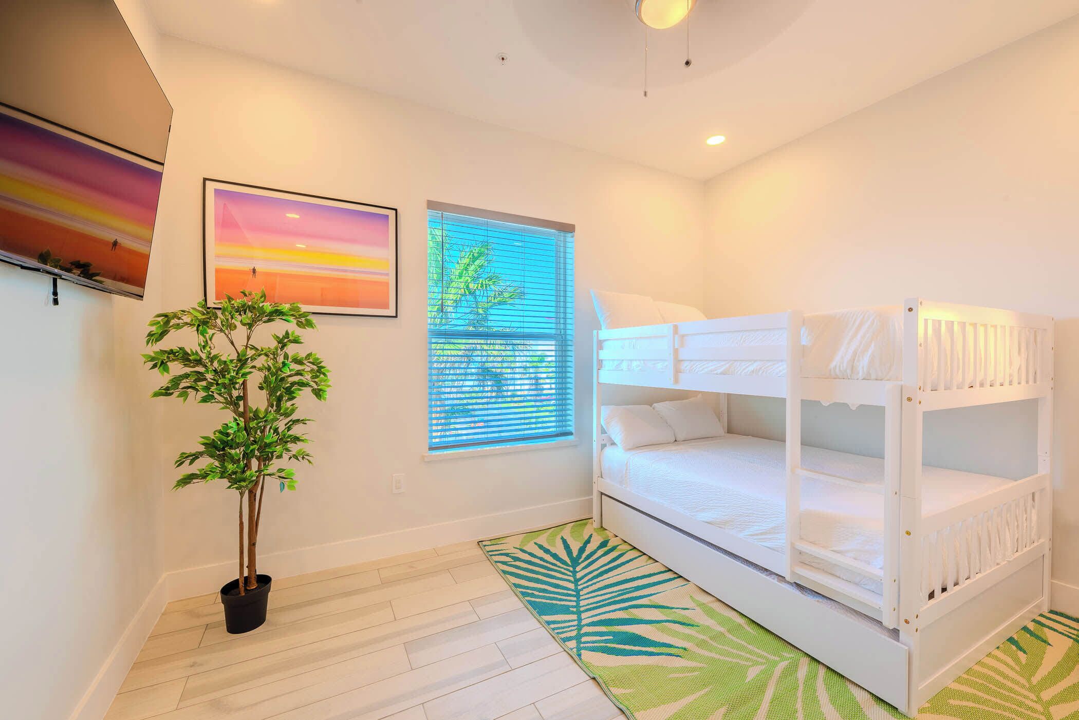 A bedroom with a bunk bed, a potted plant, and two framed pictures on the wall.