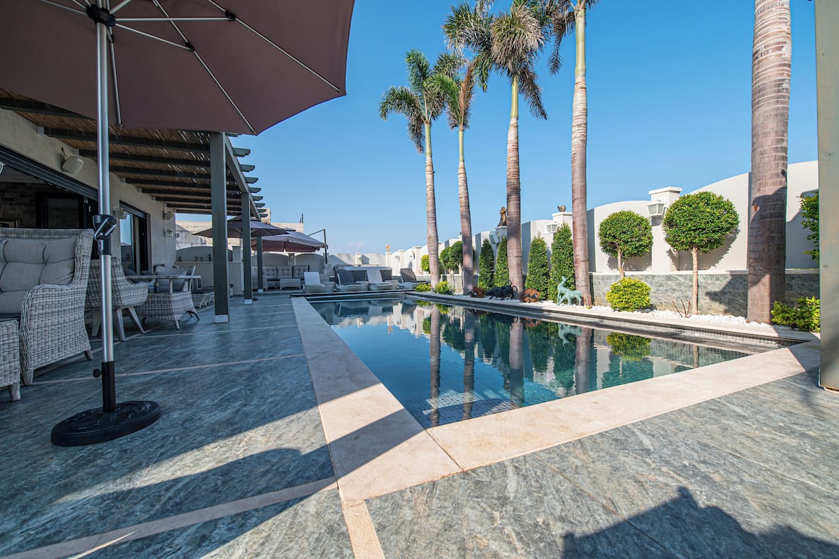 A pool area with lounge chairs, umbrellas, and palm trees.