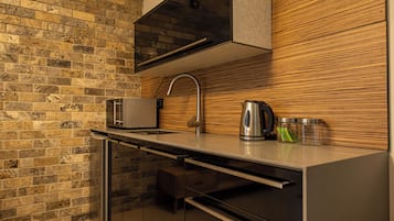 Mini-fridge, microwave, stovetop, espresso maker