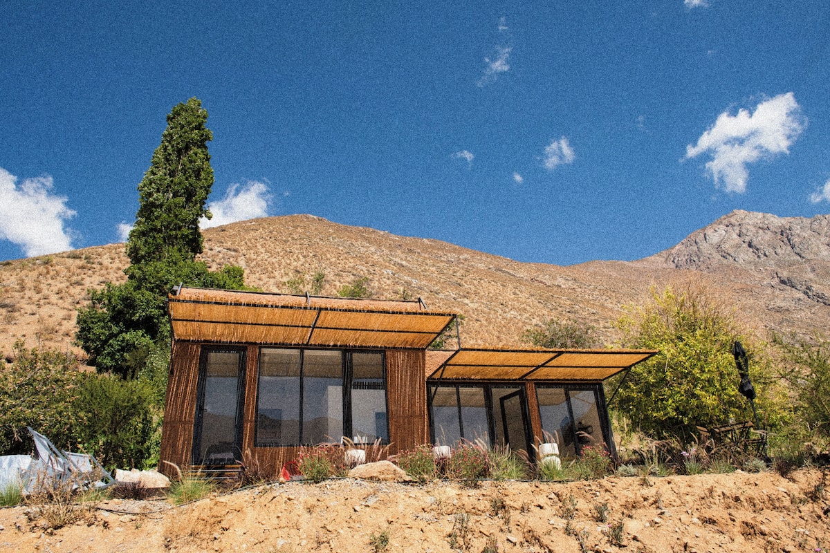A modern, rustic cabin with large windows and a thatched roof, surrounded by natural vegetation and a mountainous backdrop.