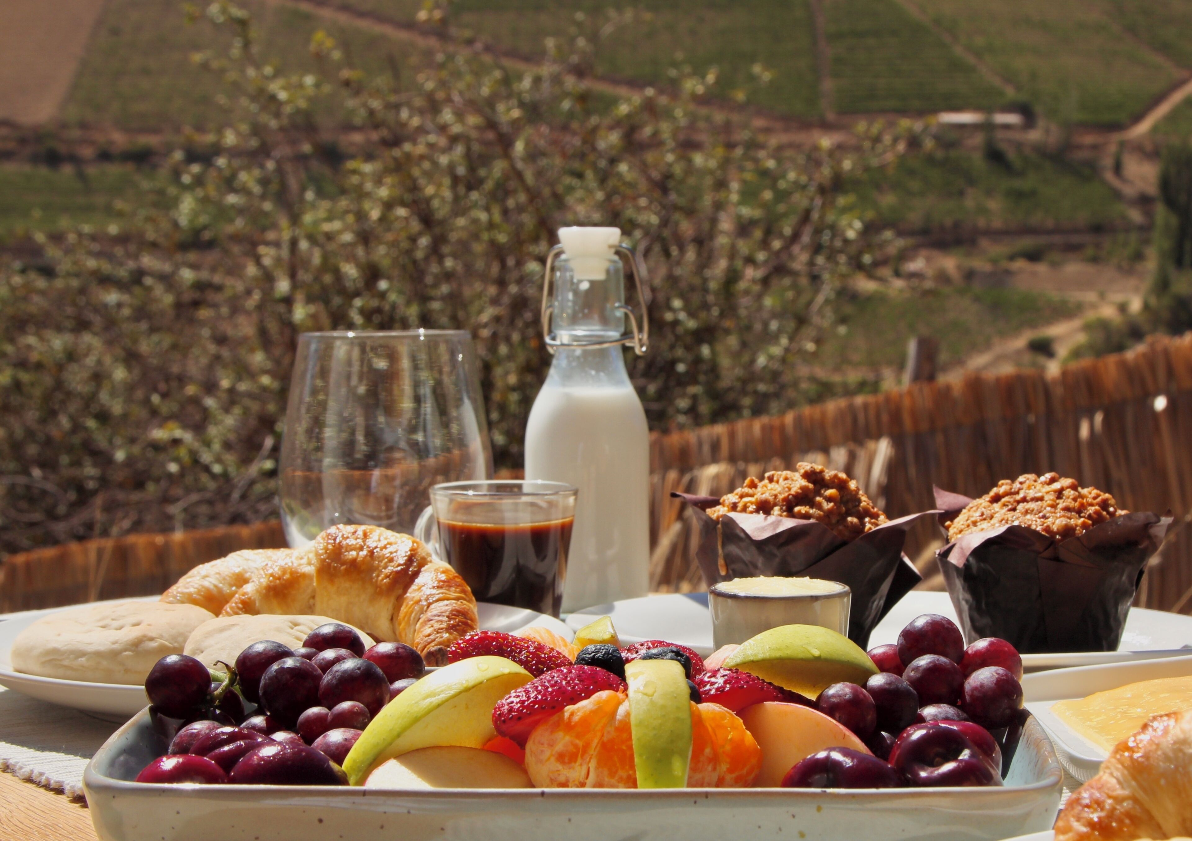 Un desayuno con cruasanes, frutas y bebidas sobre una mesa con vista a un viñedo.