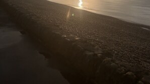 Une plage avec un ciel dégagé et le soleil se couchant à l’horizon.