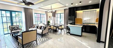 Family Villa, Patio, Courtyard View | Private kitchen | Fridge, stovetop, cookware/dishes/utensils