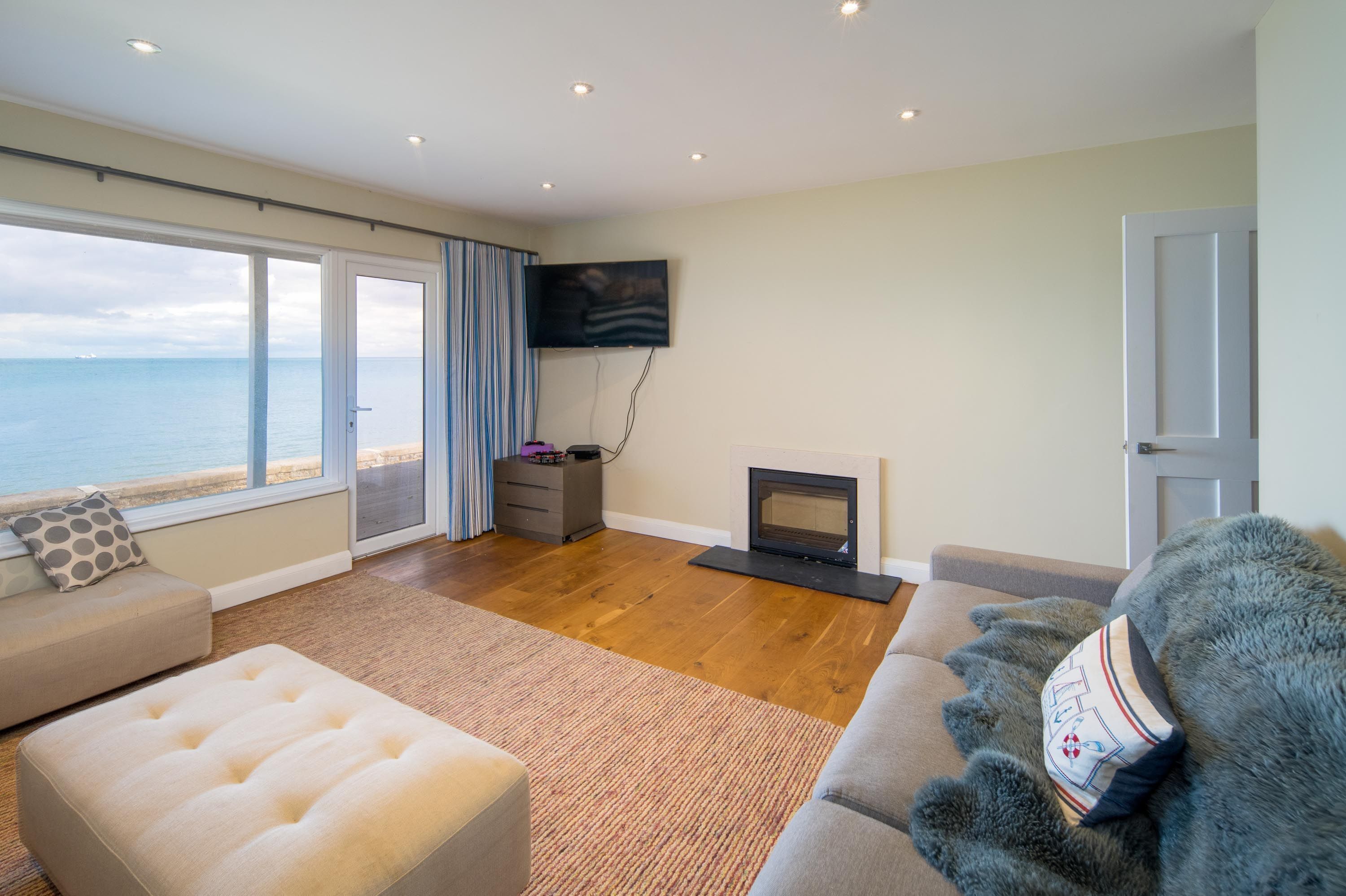 Smart TV, fireplace, books