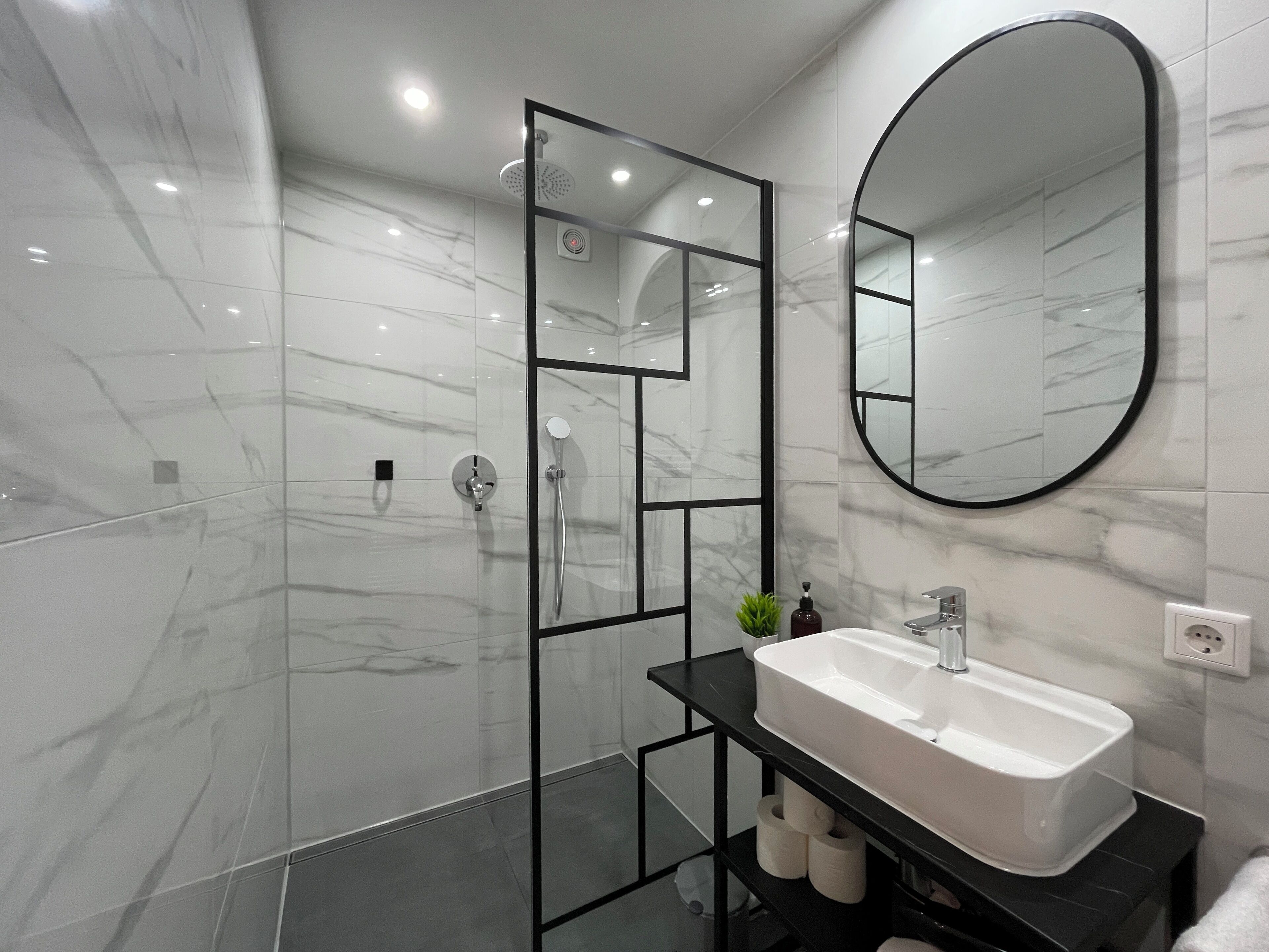 Hair dryer, towels, soap, toilet paper
