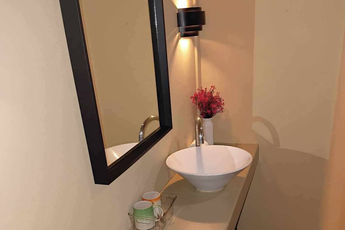Un baño con un lavamanos blanco, un espejo con marco negro, una lámpara empotrada en la pared y una planta pequeña.