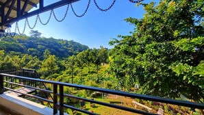 Un balcon offrant une vue sur un paysage verdoyant et luxuriant, avec des arbres et une colline à l’horizon.