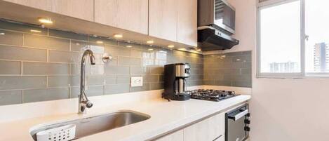 Fridge, microwave, oven, stovetop