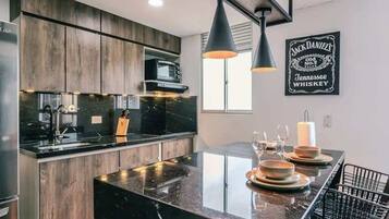 Fridge, microwave, oven, stovetop