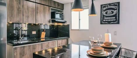 Fridge, microwave, oven, stovetop