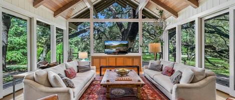 Smart TV, fireplace, video games, DVD player