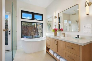Shower, hair dryer, towels, shampoo