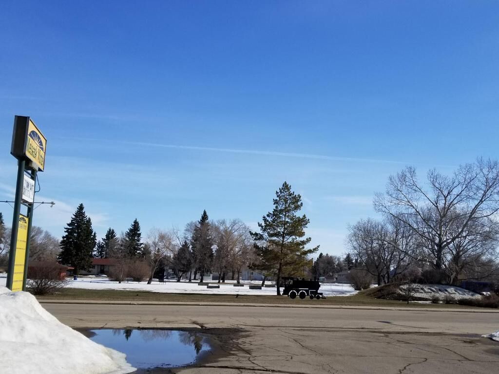 A parking lot with a snow-covered ground, a clear sky, and a few trees.
