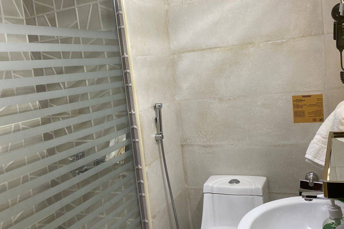 Hair dryer, heated floors, towels, soap