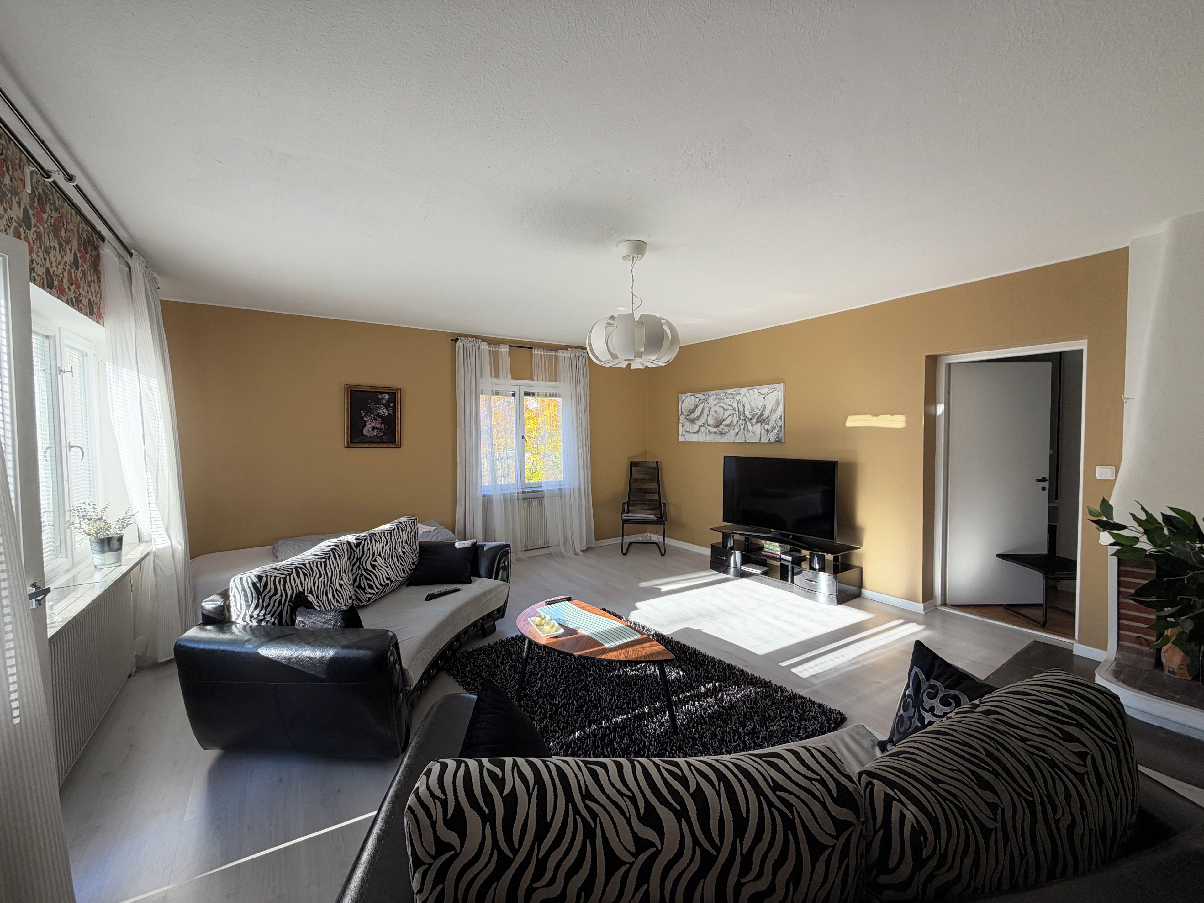 Un salon avec un canapé, un téléviseur et une table basse.