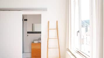 Shower, hair dryer, shampoo