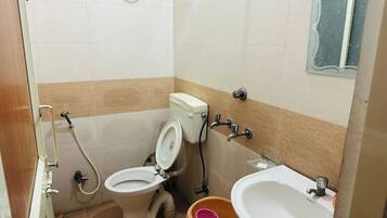 Une petite salle de bain avec des toilettes, un lavabo et une douche.