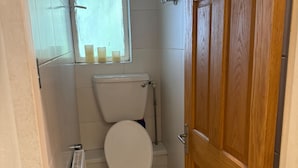 A small, compact bathroom with a toilet, a window, and a radiator.