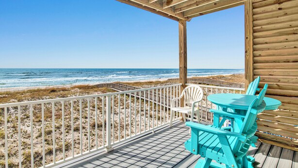 A wooden deck with a view of the beach and ocean. - Beachfront Bliss | Heated Private Pool | Pet Friendly (Gulf Shores)