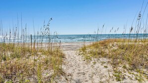 A sandy beach path leading to the ocean with tall grasses in the foreground. - Beachfront Bliss | Heated Private Pool | Pet Friendly (Gulf Shores)