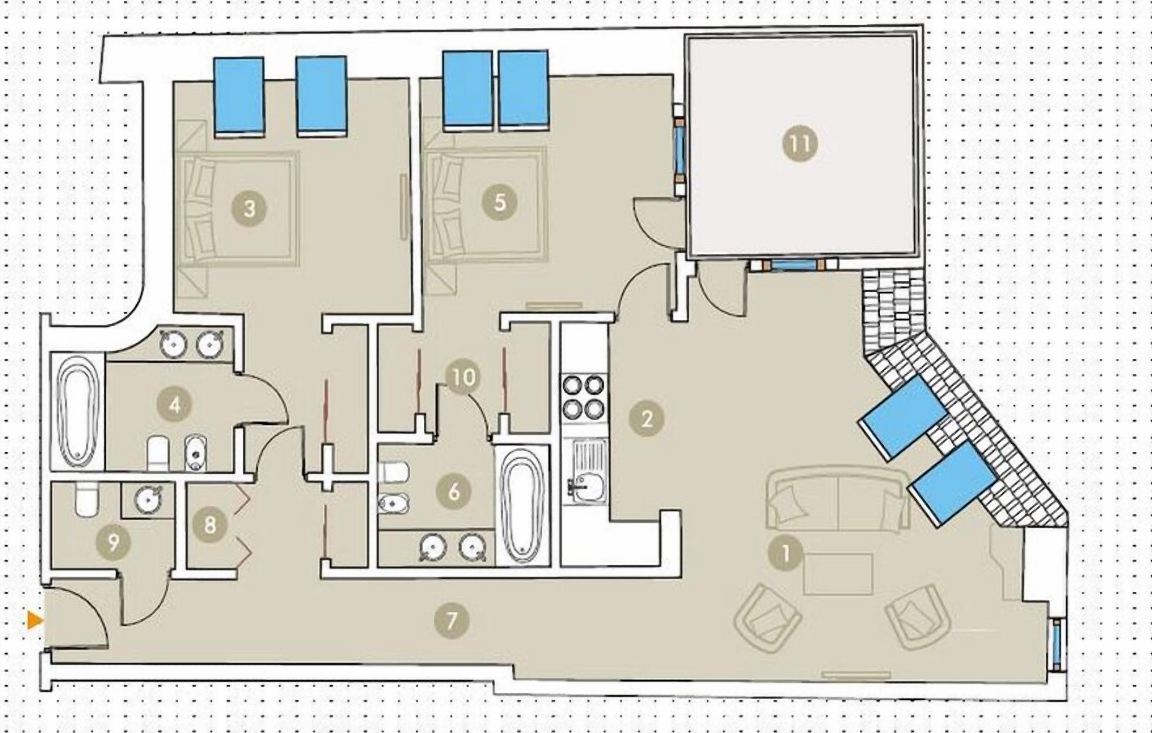 A hotel floor plan with 11 rooms, a kitchen, and a bathroom.