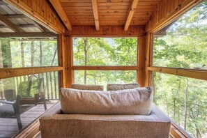 TV, fireplace - Pet-friendly 1BD Cabin w/ Hot Tub! Fire Pit + BBQ! (Townsend)