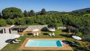 A rectangular pool with lounge chairs and umbrellas, surrounded by a stone wall and lush greenery. - Villa Adam: Tranquility and Luxury with a Poolside View (Crete)