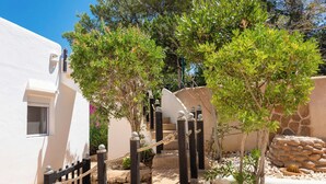 Un patio con paredes blancas, una cerca de madera y un árbol pequeño.